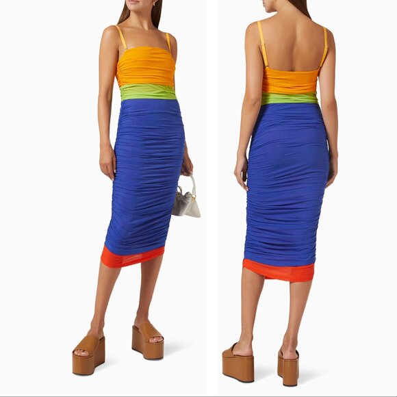 SIMON MILLER Jota Mesh Midi Bodycon DRESS Sz XS Color Block Yellow Blue NEW $295 - Picture 5 of 13